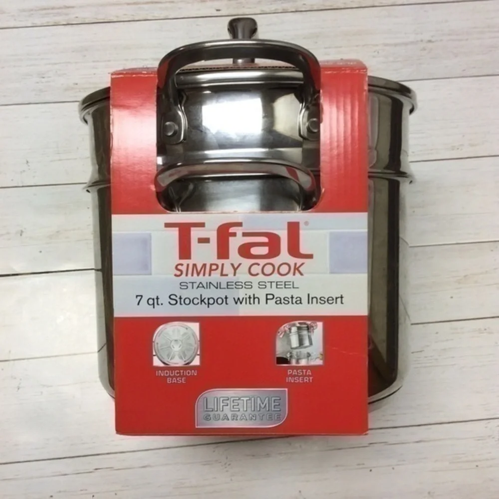 - T-FAL SIMPLY COOK STAINLESS STEEL 7 QT COVERED STOCK POT WITH PASTA INSERT